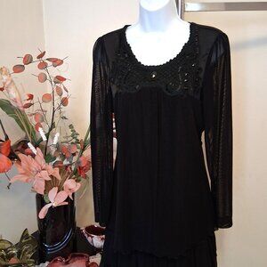 NEW Women’s Beads Design Black Lined Blouse Top Long Sleeve Top 10